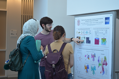 students discussing a poster