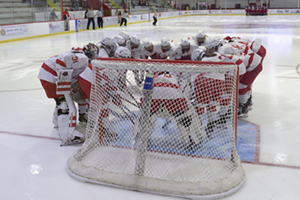 hockey team huddle at net