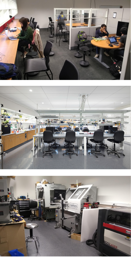 Three images of design complex facilities; office space, lab space, fabrication space with technology.