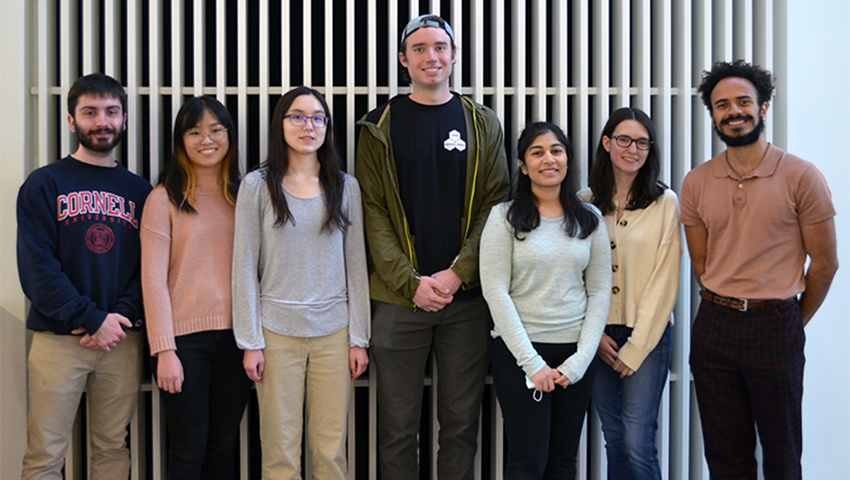 The 2022 NSF GRFP recipients (from L to R): Robert Hawkins, Maple Chen, Samantha Kraus, Coulter Ralston, Ambika Pachaury, Kylie Persson, & Jeremiah James. (Rachel Honigsberg not pictured).