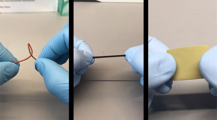 The elasticity of a biodegradable, metal-ion elastomer is demonstrated. The first-of-its-kind material, developed by Cornell engineers, can be used to repair skin, blood vessels and other soft tissue