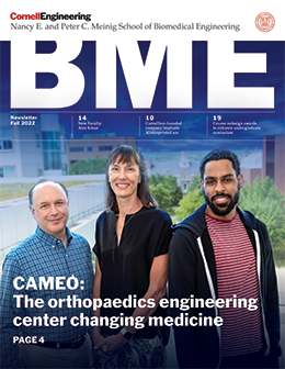 2022 BME Newsletter cover; Lawrence Bonassar, Marjolein van der Meulen, Karl Lewis