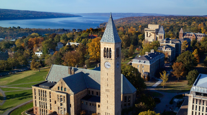 Cornell campus clock tower and Cayuga Lake
